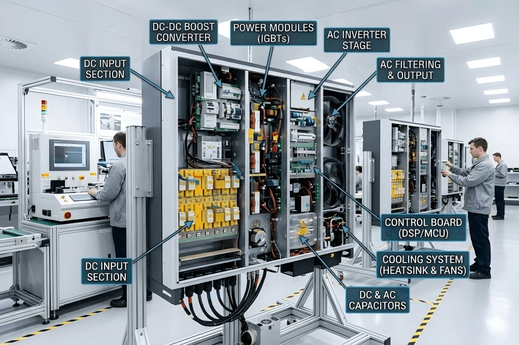 Internal circuitry of Hemao multi-energy inverter showing high-grade capacitors and heat sink layout Internal circuitry of Hemao multi-energy inverter showing high-grade capacitors and heat sink layout